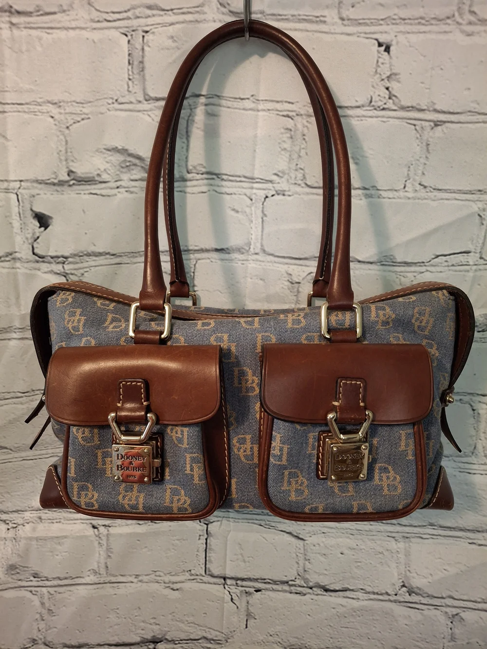 Dooney & Bourke Blue and Brown Logo Pocket Shoulder Bag